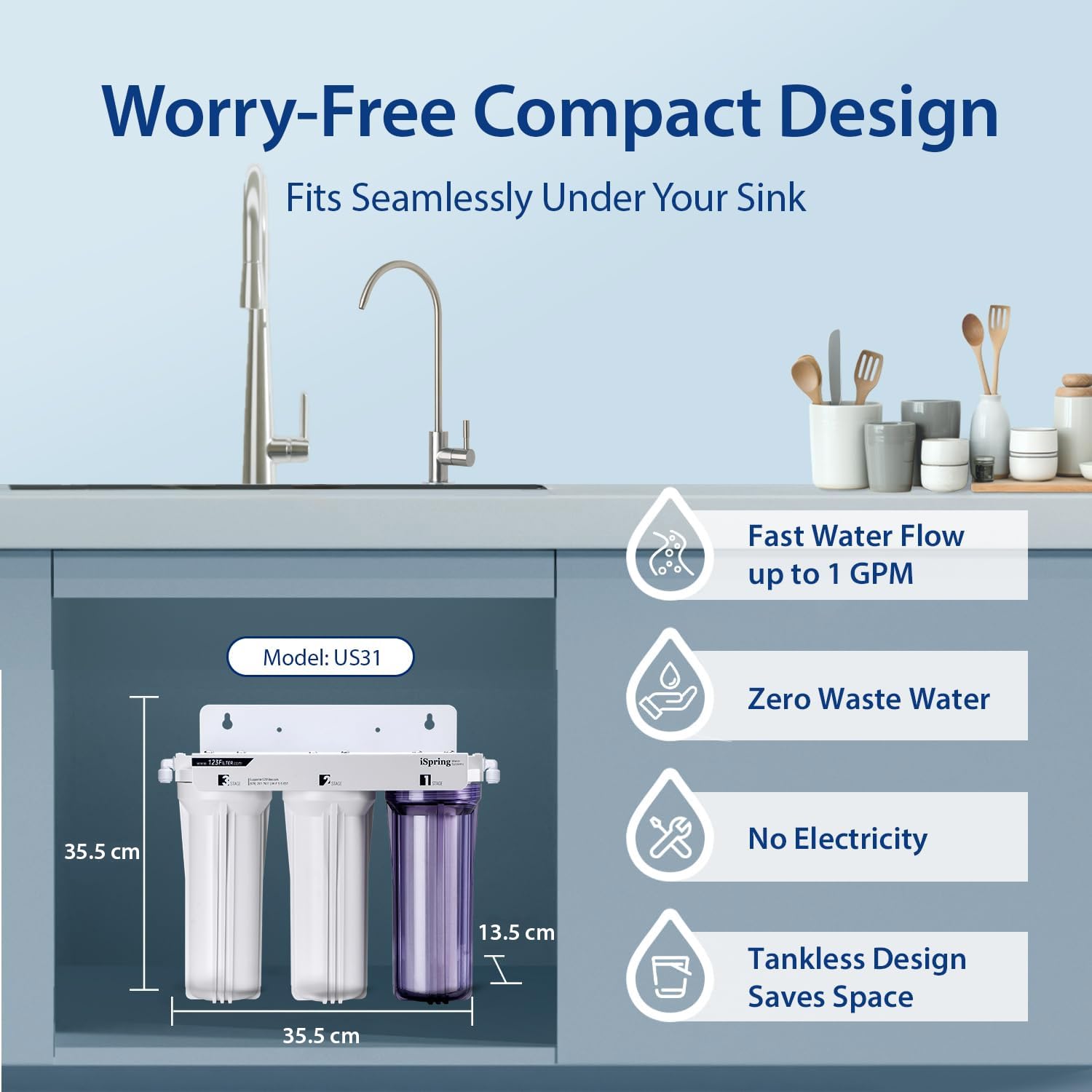 iSpring US31 3-Stage Under Sink Water Filter System, NSF/ANSI 58 Certified, Reduces Sediment, Chlorine, Heavy Metals & Odor, Tankless High Capacity with Metal Faucet