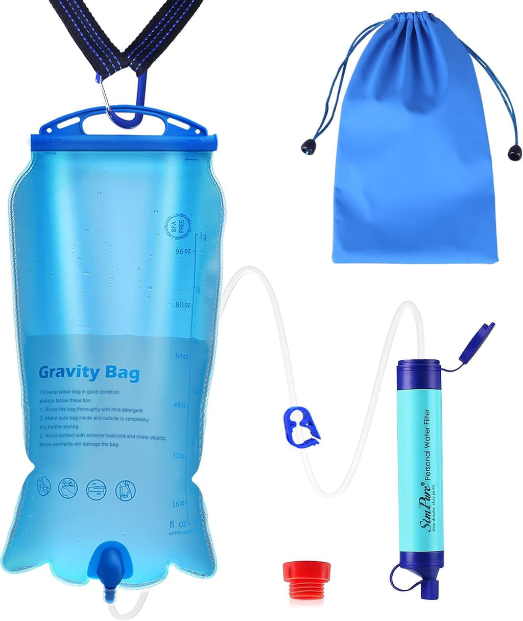 SimPure Gravity Water Filter, Portable Gravity-Powered Water Purifier with 3L Bag, Tree Strap, BPA-Free Survival Gear and Equipment for Camping, Hiking,
