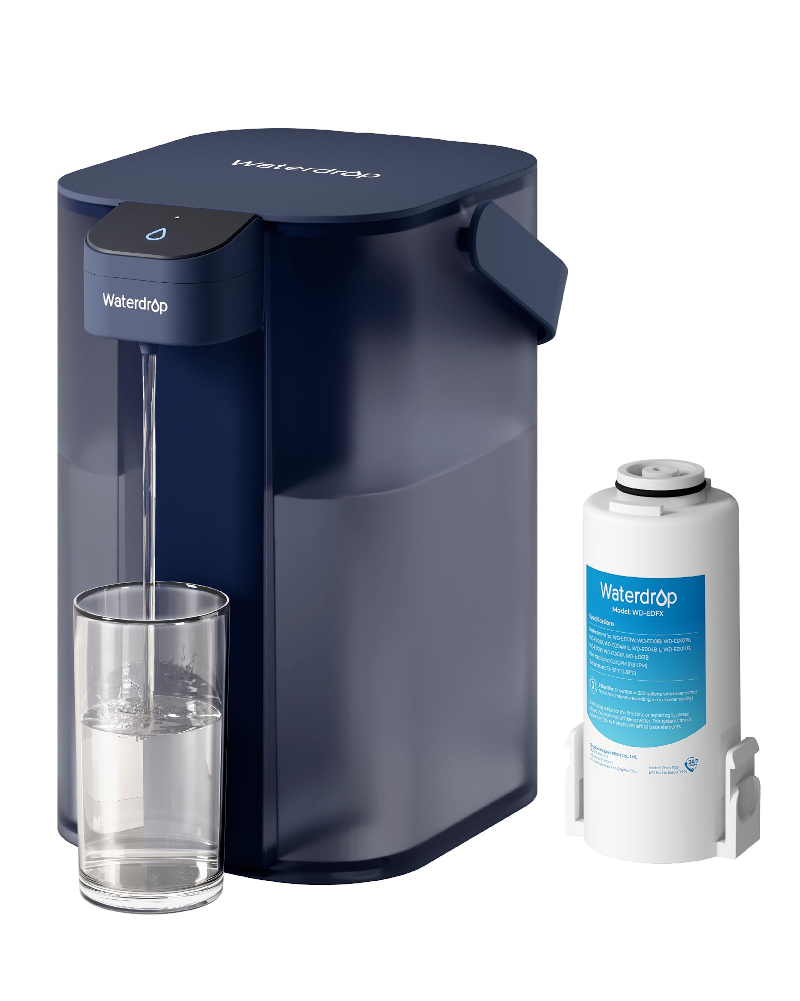 Waterdrop Instant Electric Water Filter Jug with a 3-Months Filter, WD-ED61B 3.5L Countertop Water Filter System, Reduce 98% Chlorine and 20+ Contaminants, Blue (NOT Reduce TDS)