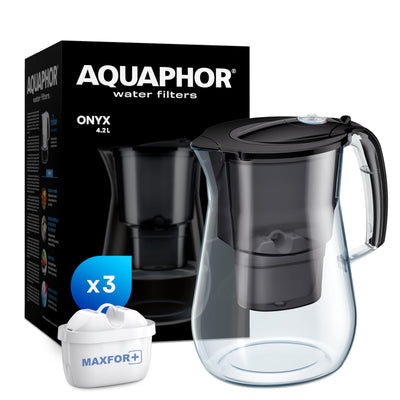 AQUAPHOR Onyx Black Water Filter Jug - Counter Top Design with 4.2L Capacity, 3 X MAXFOR+ Filters Included | Reduces Limescale, Chlorine, Microplastics and PFAS | Perfect for Families