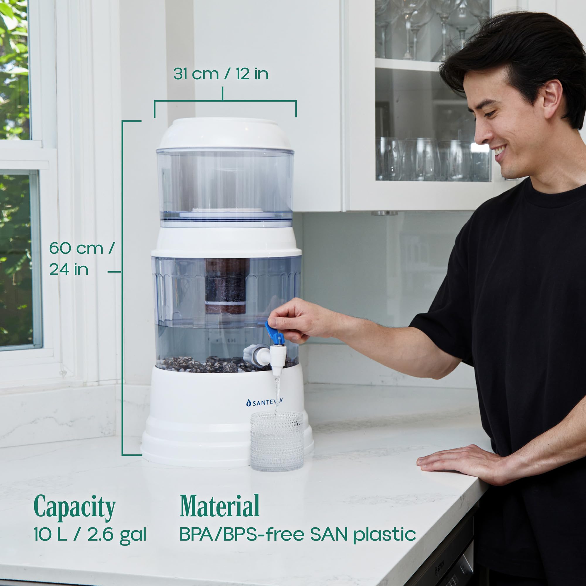 Santevia Gravity Water System | Alkaline Water Filter and Dispenser | Home Chlorine and Fluoride Filter | Countertop Water Dispenser
