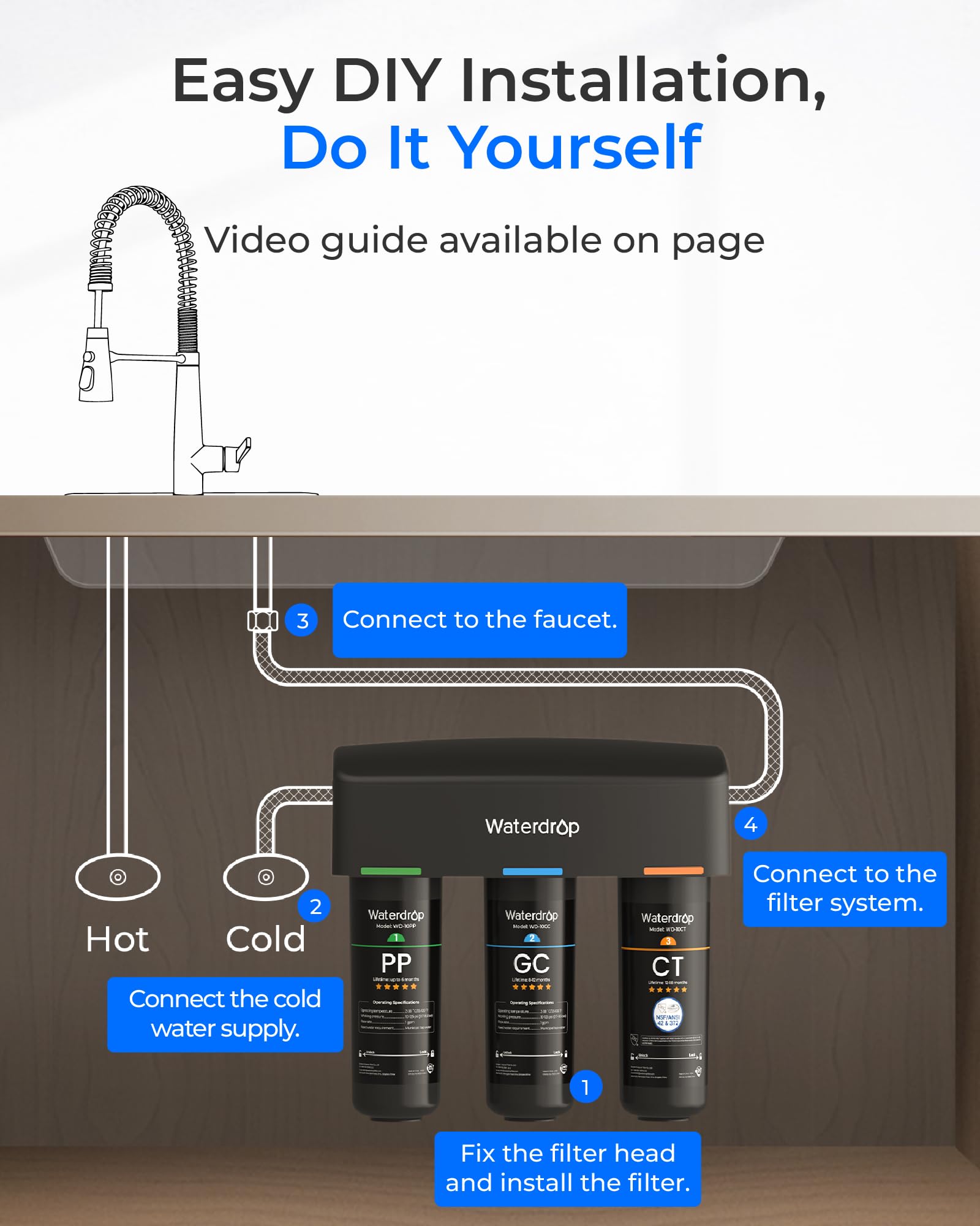 Waterdrop TSA Under Sink Water Filter System, 3-Stage High Capacity Water Filtration System, NSF/ANSI 42 Certified,Reduce PFAS, PFOA/PFOS, Reduce Lead, Chlorine, Bad Taste