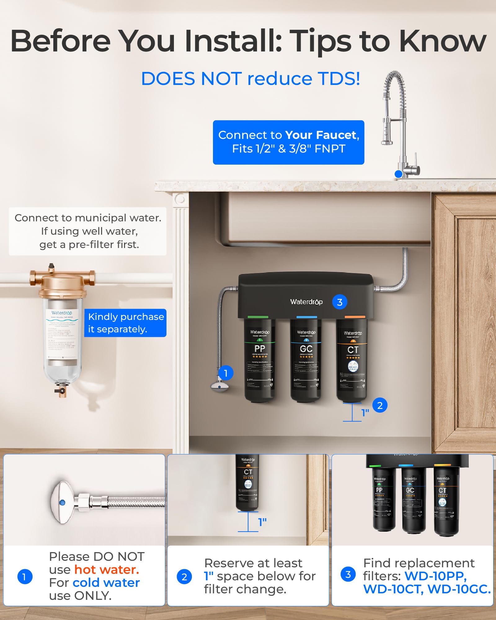 Waterdrop TSA Under Sink Water Filter System, 3-Stage High Capacity Water Filtration System, NSF/ANSI 42 Certified,Reduce PFAS, PFOA/PFOS, Reduce Lead, Chlorine, Bad Taste
