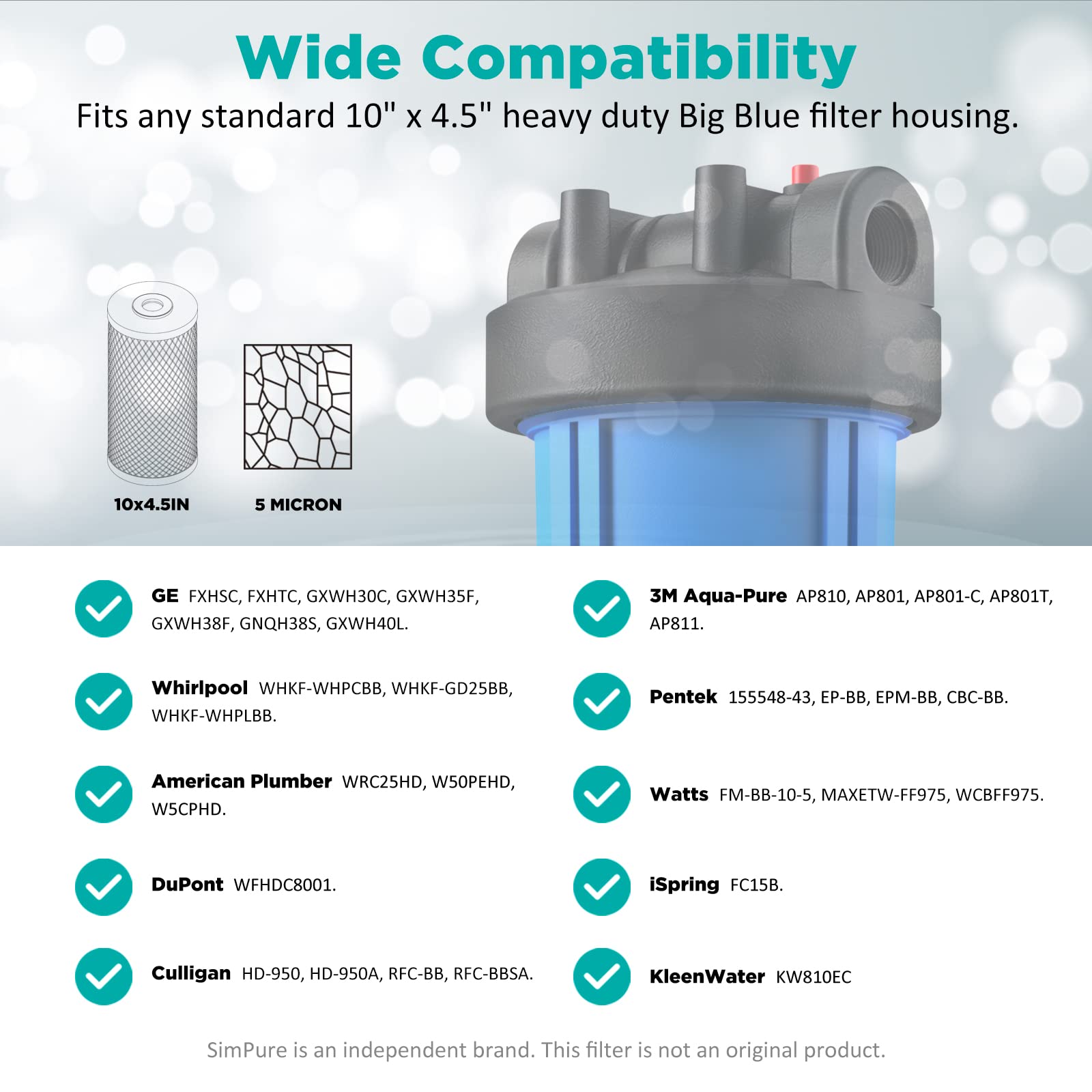 SimPure 5 Micron 4.5" x 10" Carbon Water Filter, Big Blue Carbon Block Filter Cartridge Replacement, Whole House CTO Water Purifier Filter Compatible with Most RO System, 2 Pack