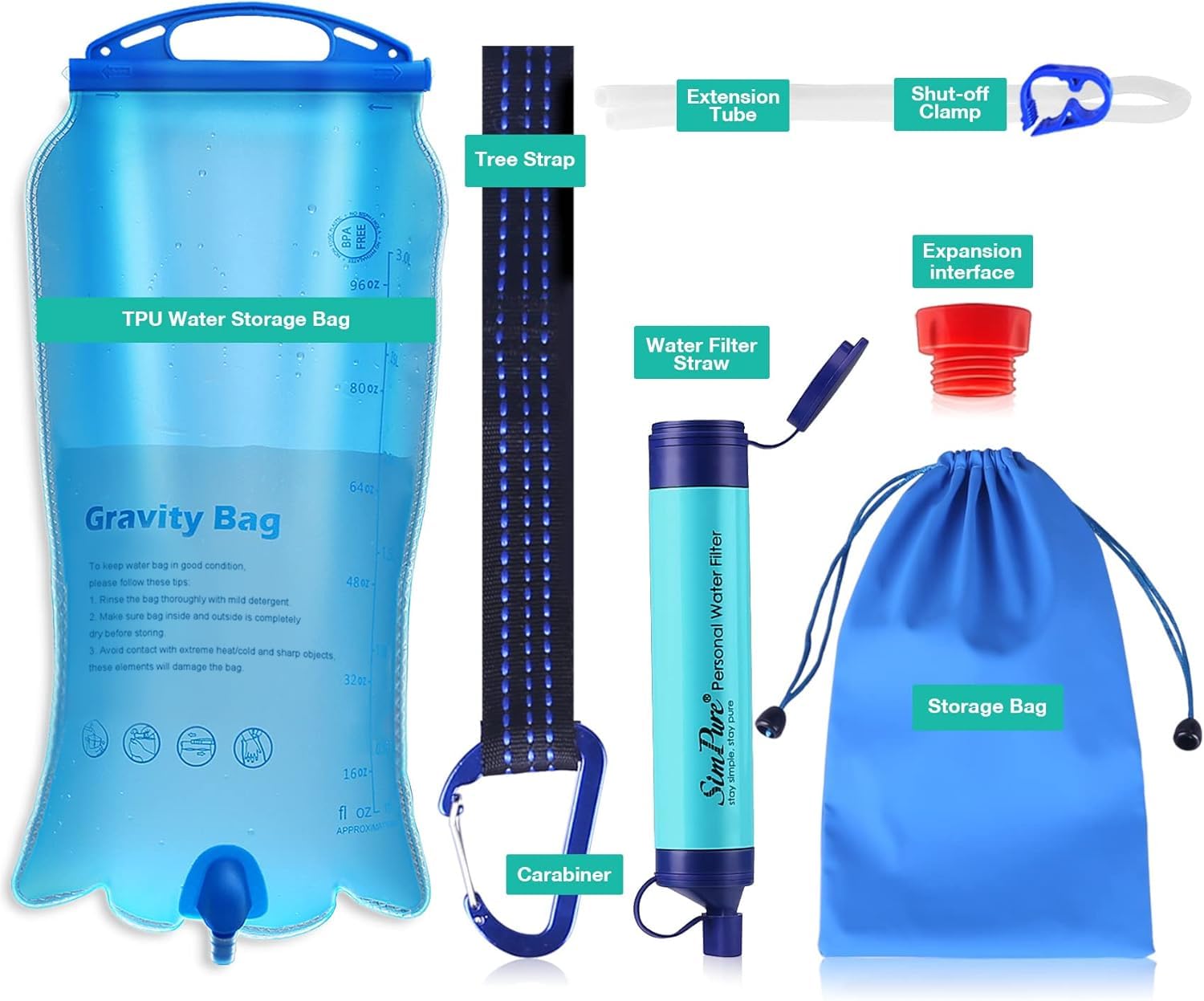 SimPure Gravity Water Filter, Portable Gravity-Powered Water Purifier with 3L Bag, Tree Strap, BPA-Free Survival Gear and Equipment for Camping, Hiking,
