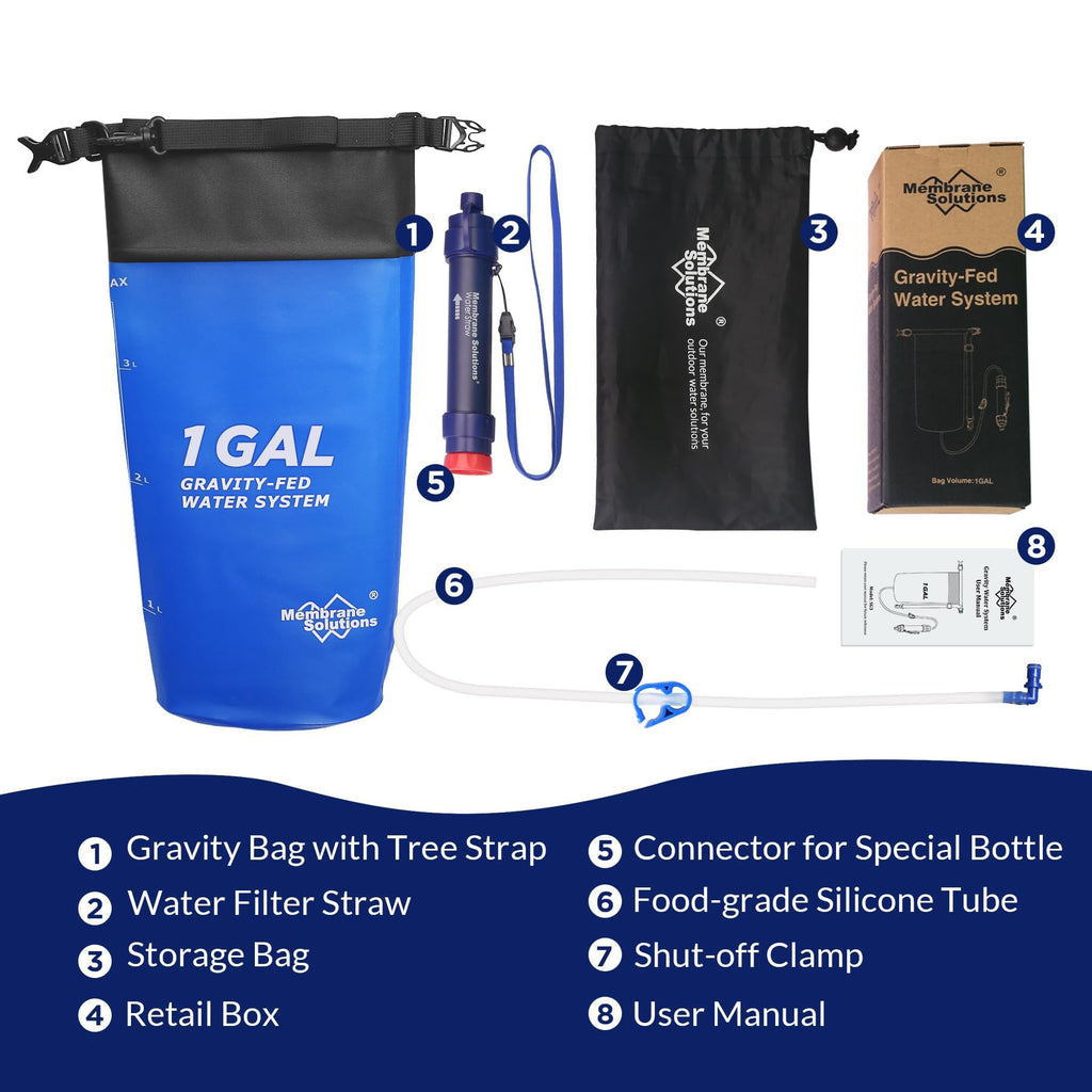 Membrane Solutions Gravity Water Filter Pro, 0.1-Micron Personal Water Filter Straw with 1 Gallon Gravity Water Bag, Drinking Water Purifier for Group Emergency Preparedness, Hiking, Camping