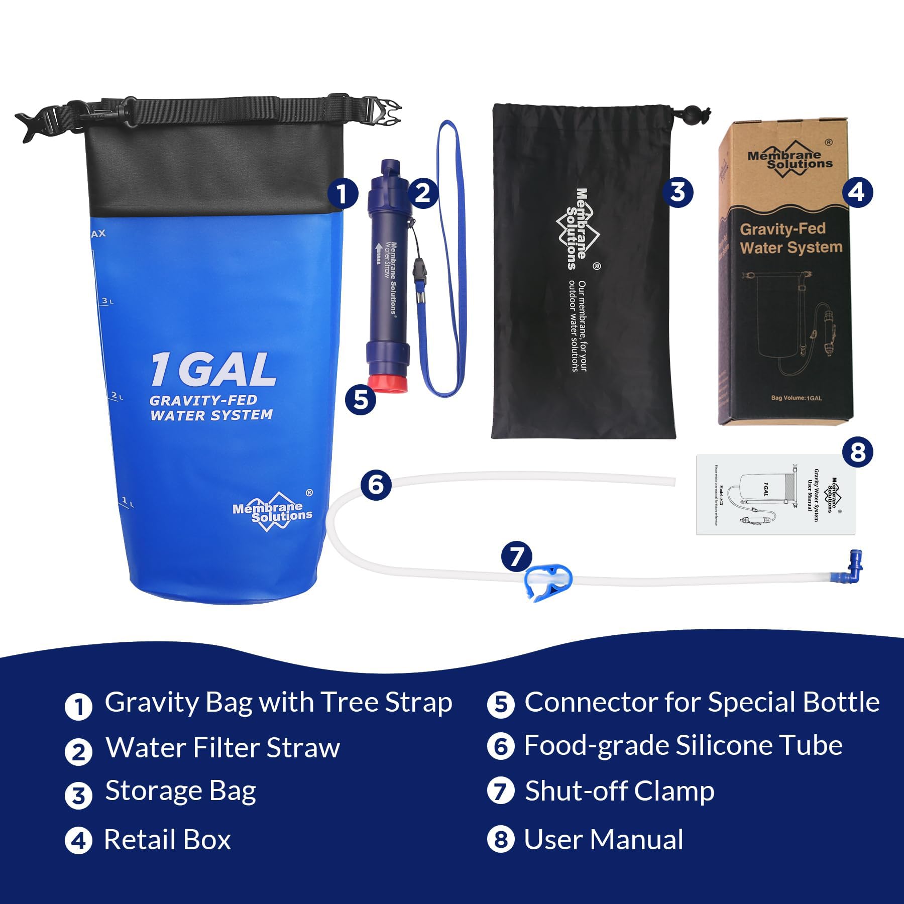 Membrane Solutions Gravity Water Filter Pro, 0.1-Micron Personal Water Filter Straw with 1 Gallon Gravity Water Bag, Drinking Water Purifier for Group Emergency Preparedness, Hiking, Camping