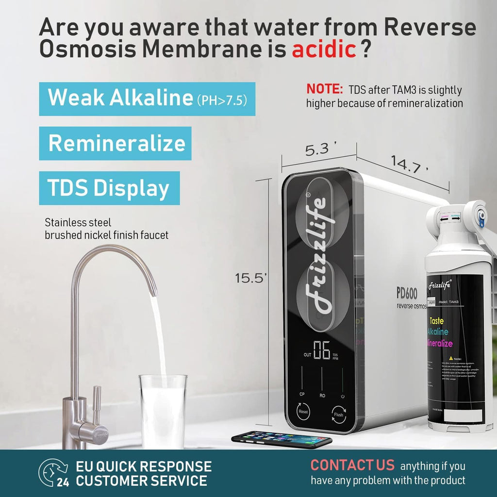 Frizzlife 600GPD Reverse Osmosis Water Filter, NSF/ANSI 42&58&372 Standards, Alkaline Mineral pH+, Tankless RO Reverse Osmosis System, Under Sink, Reduce TDS, 2:1 Drain Ratio, Water Filter, PD600-TAM3