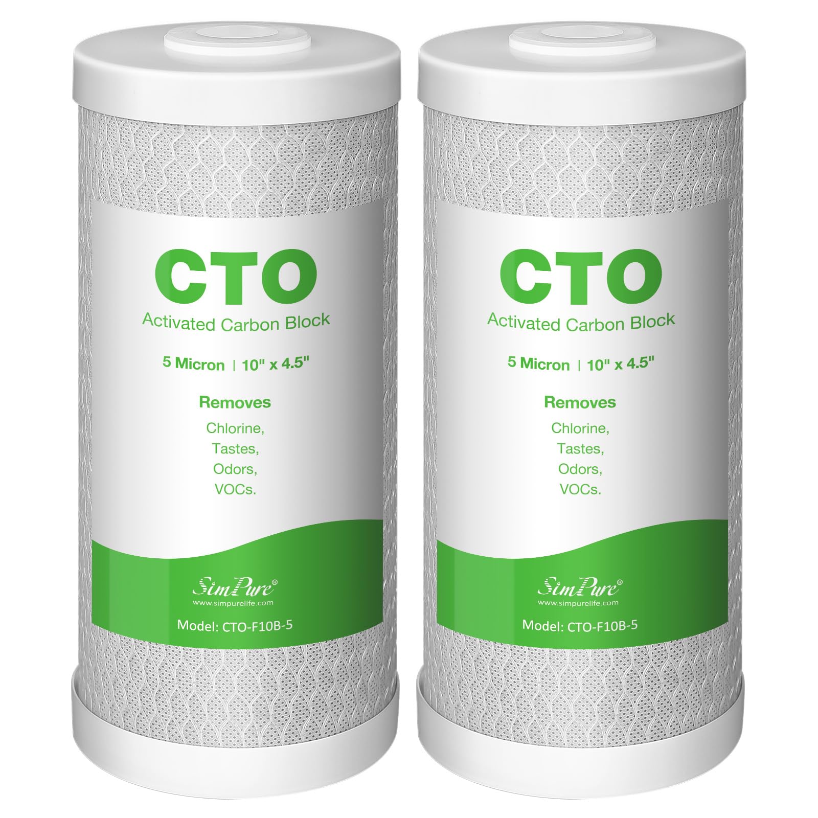 SimPure 5 Micron 4.5" x 10" Carbon Water Filter, Big Blue Carbon Block Filter Cartridge Replacement, Whole House CTO Water Purifier Filter Compatible with Most RO System, 2 Pack