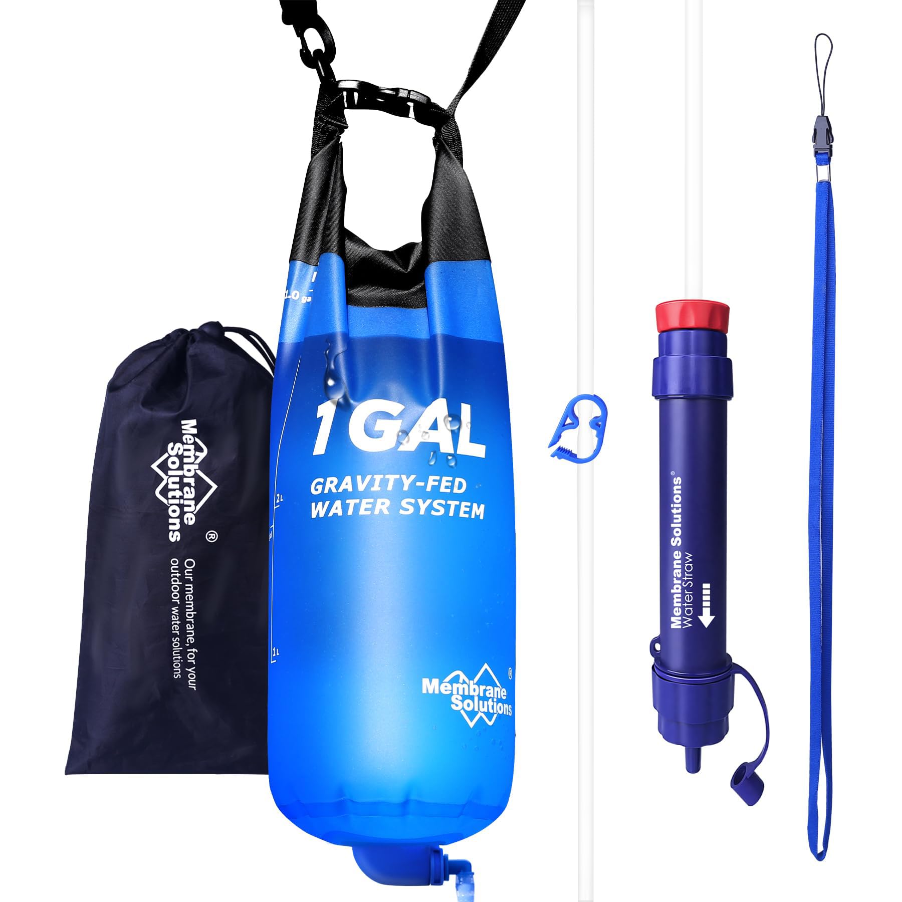 Membrane Solutions Gravity Water Filter Pro, 0.1-Micron Personal Water Filter Straw with 1 Gallon Gravity Water Bag, Drinking Water Purifier for Group Emergency Preparedness, Hiking, Camping