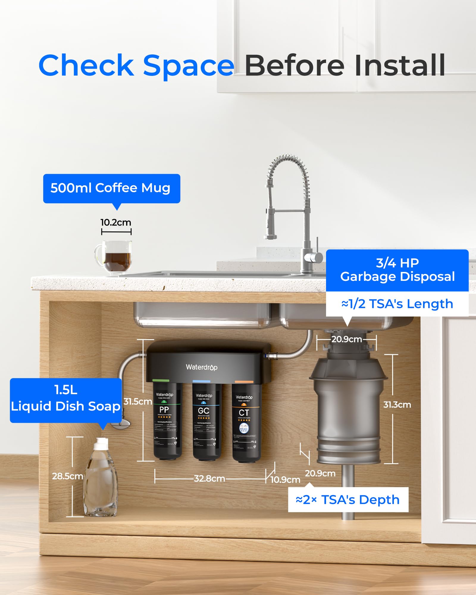 Waterdrop TSA Under Sink Water Filter System, 3-Stage High Capacity Water Filtration System, NSF/ANSI 42 Certified,Reduce PFAS, PFOA/PFOS, Reduce Lead, Chlorine, Bad Taste