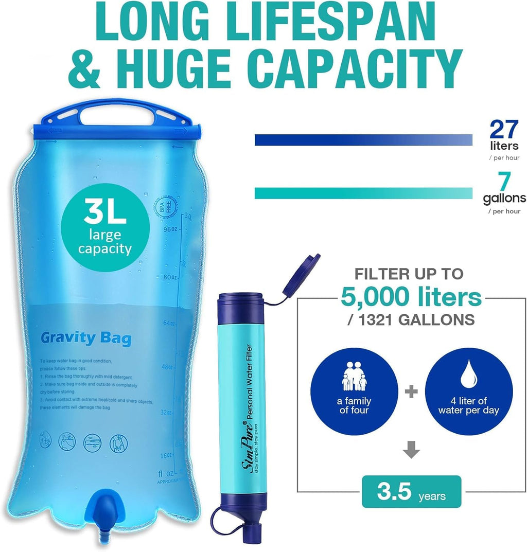 SimPure Gravity Water Filter, Portable Gravity-Powered Water Purifier with 3L Bag, Tree Strap, BPA-Free Survival Gear and Equipment for Camping, Hiking,