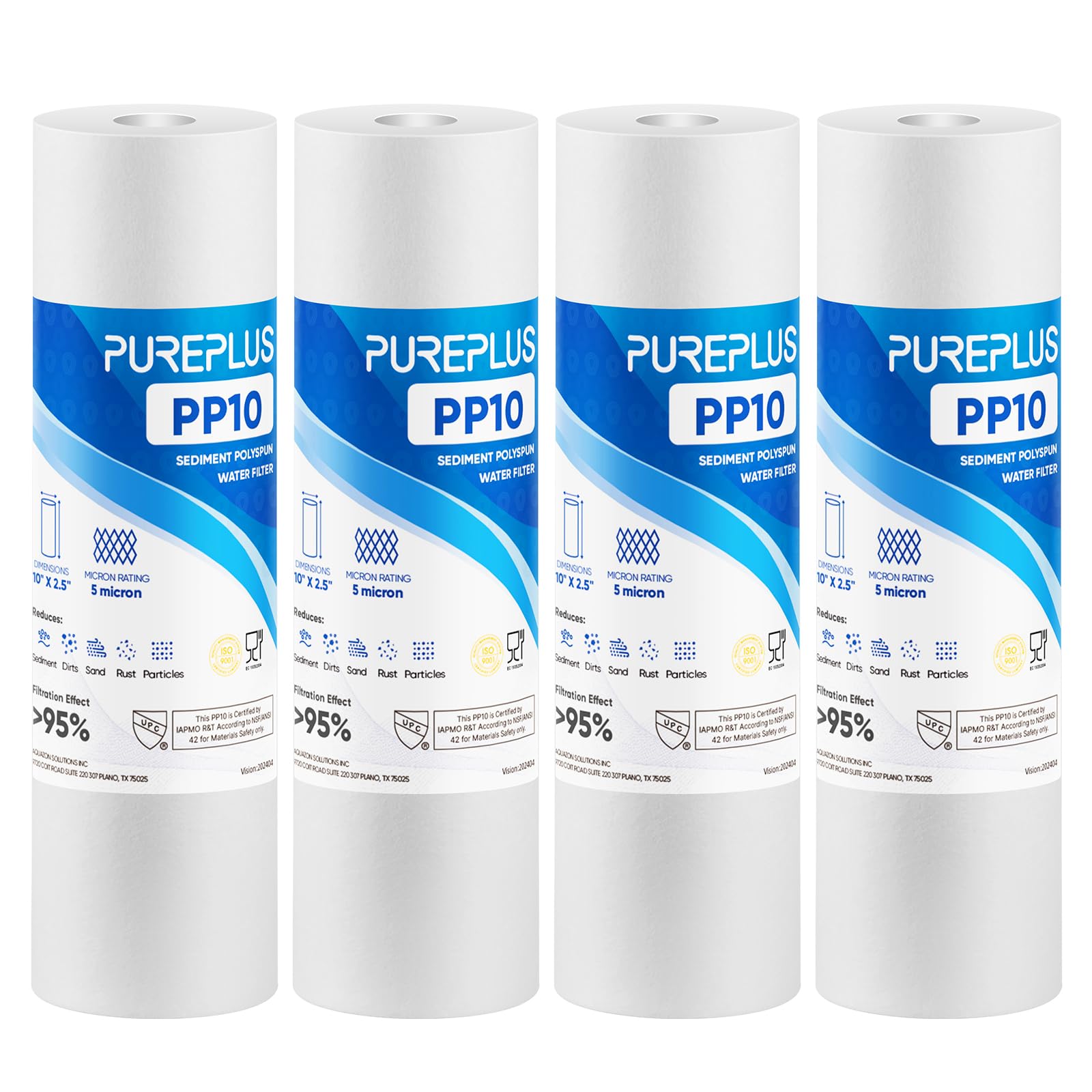 Sediment Replacement Water Filters 5 Micron 10" x2.5" Cartridge 4 Pack