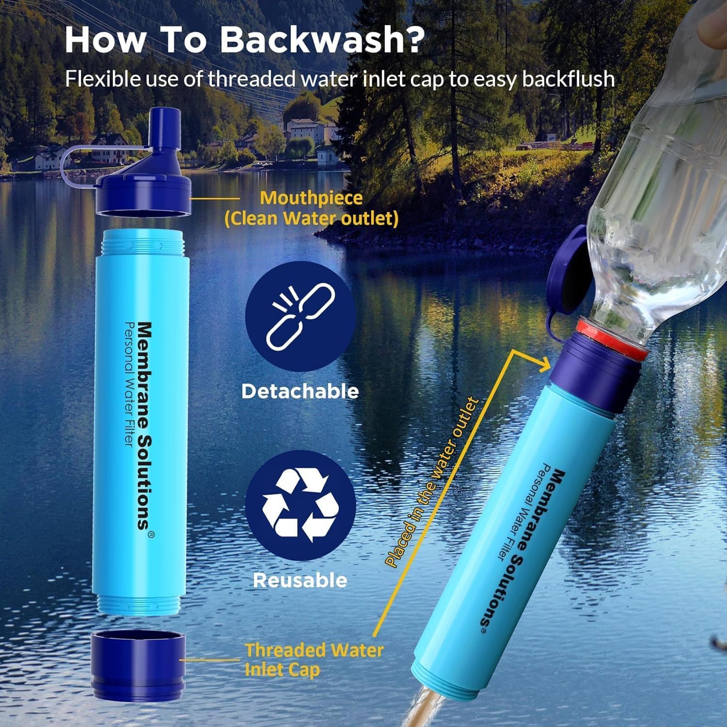 Membrane Solutions Water Filter Straw, 0.1 Micron Personal Water Filter Survival Portable Gear, NSF/ANSI 42&372&401 certificated, for Camping, Hiking, Travel, Emergency Preparedness, Blue, 1 Pack