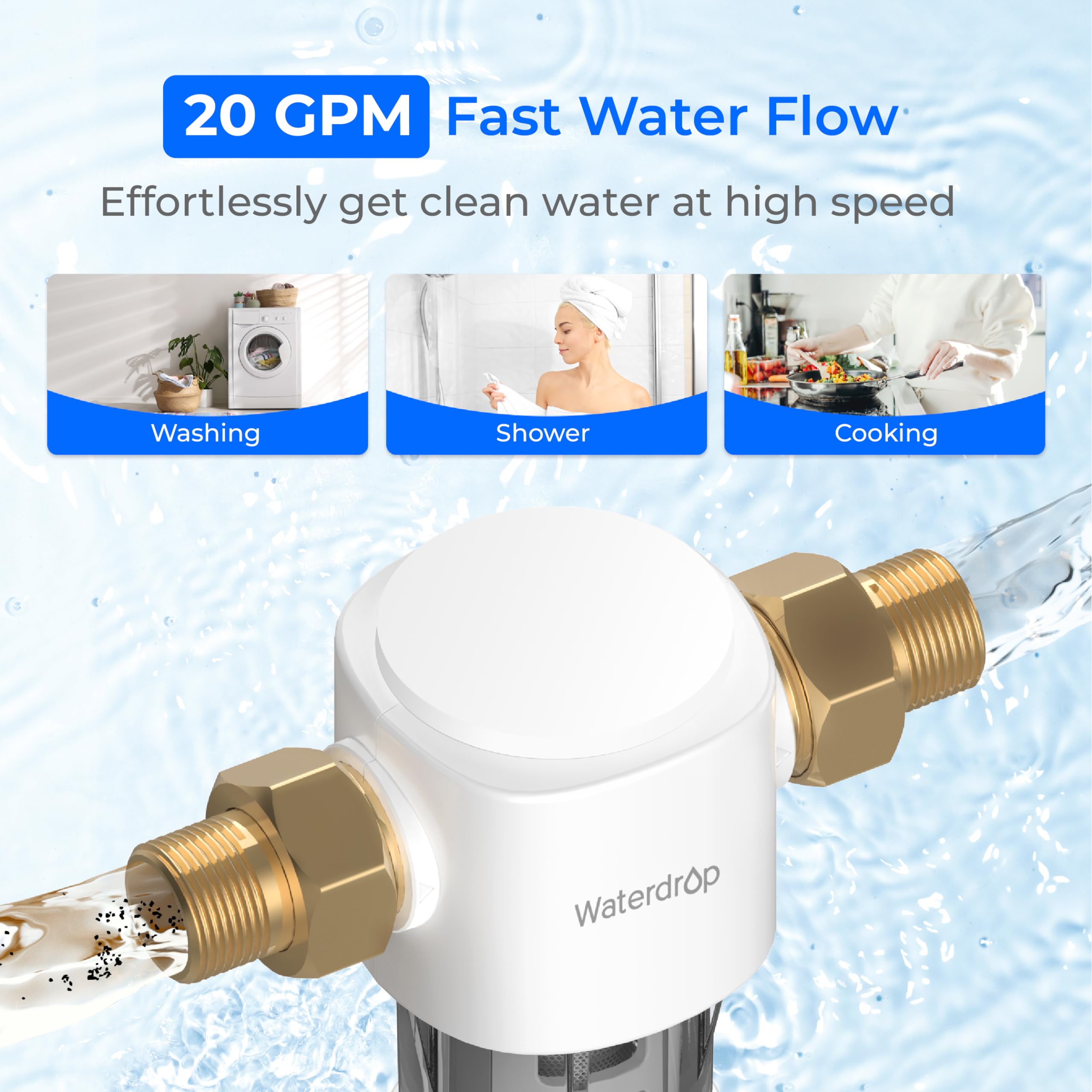 Waterdrop Spin Down Sediment Filter, Reusable Whole House Sediment Water Filter, Flushable Pre-Filtration System for City/Well Water, 1" + 3/4" MNPT, WD-PF01