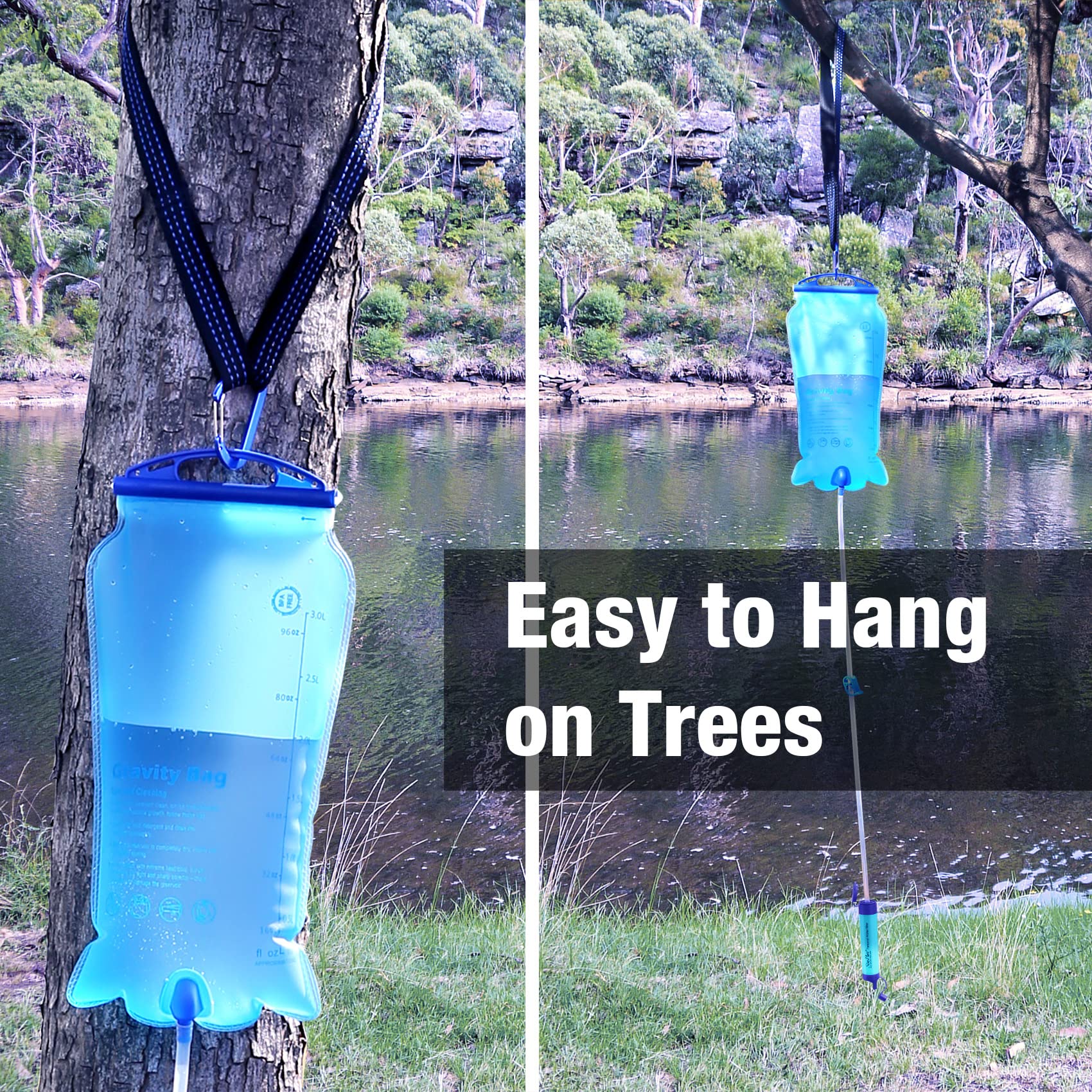SimPure Gravity Water Filter, Portable Gravity-Powered Water Purifier with 3L Bag, Tree Strap, BPA-Free Survival Gear and Equipment for Camping, Hiking,